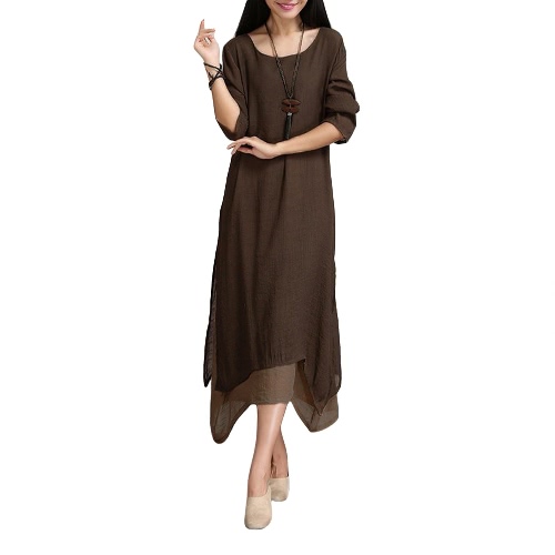 

Women Cotton Linen Vintage Dress Contrast Double Layer Casual Loose Boho Long Plus Size Retro Maxi Dress