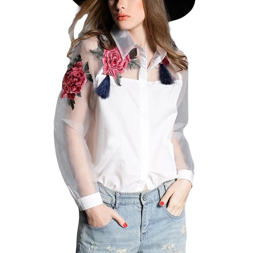 

New Vintage Women Applique Blouse Floral Button Down Organza Splicing Long Sleeves Shirt Black/White