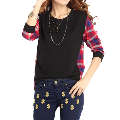 

Women Plus Size Shirt Plaid Long Sleeves High-Low Hem Round Neck Blouse