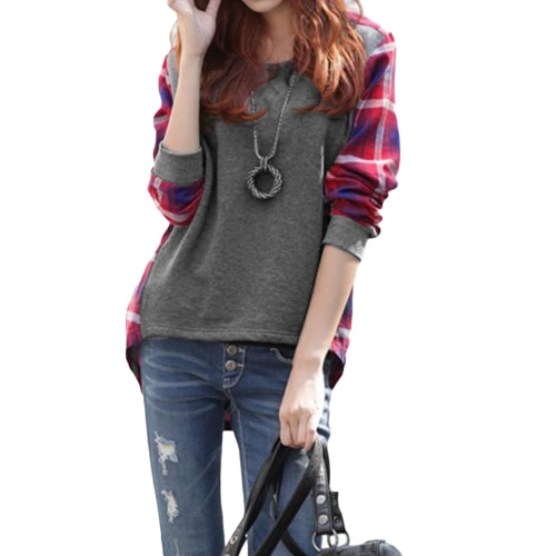 

Women Plus Size Shirt Plaid Long Sleeves High-Low Hem Round Neck Blouse
