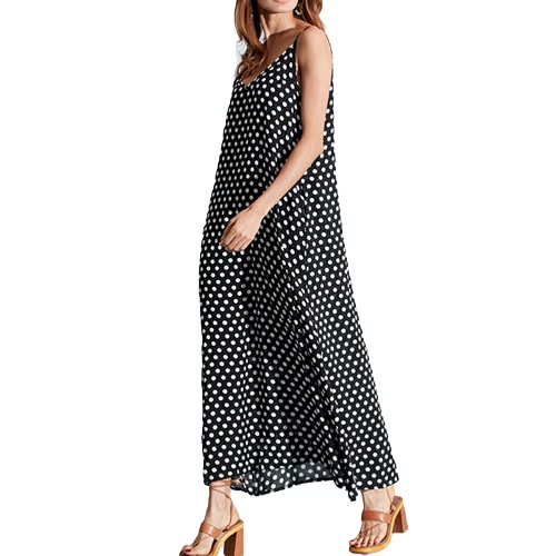 

Женщины в польке V шеи без рукавов Loose Maxi Beach чешское платье в стиле винтаж