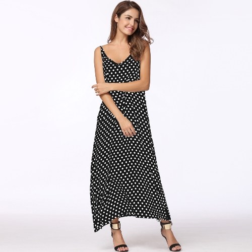 

Women Polka V Neck Sleeveless Loose Maxi Beach Bohemian Vintage Dress