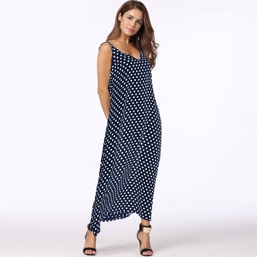 

Women Polka V Neck Sleeveless Loose Maxi Beach Bohemian Vintage Dress