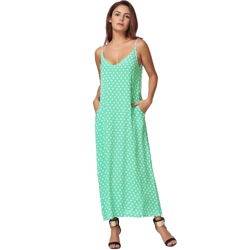 

Women Polka V Neck Sleeveless Loose Maxi Beach Bohemian Vintage Dress