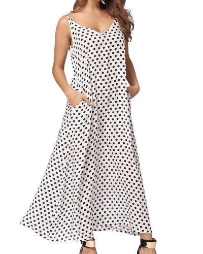 

Women Polka V Neck Sleeveless Loose Maxi Beach Bohemian Vintage Dress