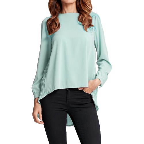 New Mulheres Chiffon Blusa plissada O-Long Neck Sleeve Asymmetric soltas Casual Sólidos Plus Size parte superior da camisa