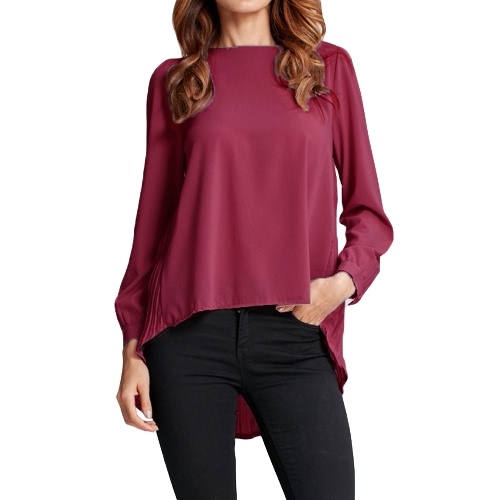 

New Women Chiffon Blouse Pleated O-Neck Long Sleeve Asymmetric Loose Casual Solid Plus Size Shirt Top