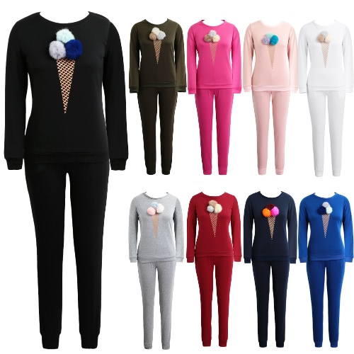 

Women Tracksuit Two Pieces Set Sportswear Pom Pom Ice Cream Print Elastic Sweatshirt Long Pants Casual Set