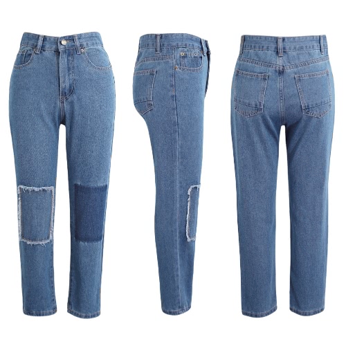 

New Fashion Women Denim Jeans Patch Washed Boyfriend Mid Waist Cropped Slim Trousers Pants Blue