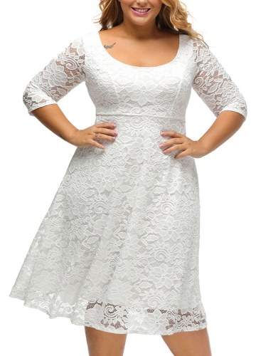

Plus Size Floral Round Neck 3/4 Sleeve V Zip Back Lace A Line Dress
