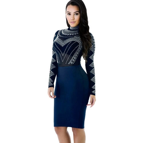 

Sexy Women Semi-sheer Long Sleeve Dot Pattern Zipper Bodycon Party Dress