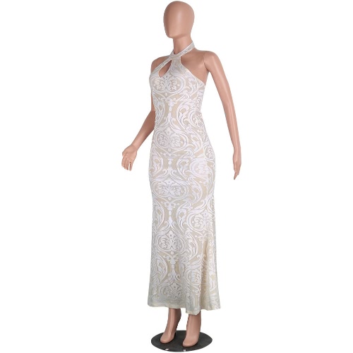 

Elegant Women Vintage Flower Dress Sleeveless Backless Evening Gown Long Party Dress Black/White