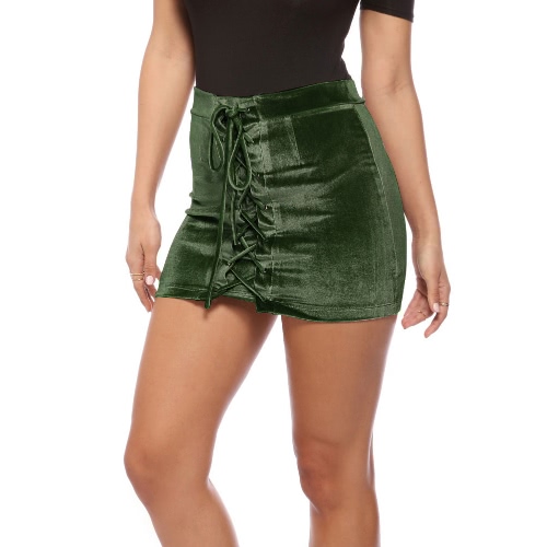 

Женщины Velvet Шнуровка Bodycon Юбка Ремни ушки Короткие мини-юбки партии Clubwear