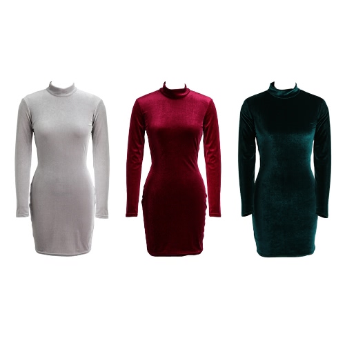 Women Velvet Dress Turtle Neck Cut Out Back Buttons Long Sleeves Sheath Pencil Dress Cocktail Party Dress