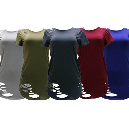 

Women Ripped Holes Long T-Shirt Asymmetrical Hem O Neck Short Sleeves Distressed Destroyed Casual Top Tee
