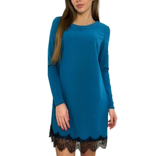 

Fashion Women Lace Splice Long Sleeve Solid Color Casual Party Dress