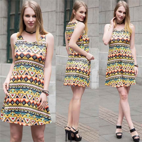 

Sexy Women Mini Dress Geometric Floral Print Scoop Neck Sleeveless Colorful Skater Dress Yellow/Pink/Blue