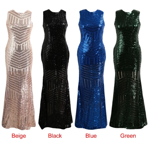 

Sexy Women Bodycon Maxi Long Dress Mermaid Sequin Backless O-Neck Zipper Elegant Evening Party Cocktail Dress