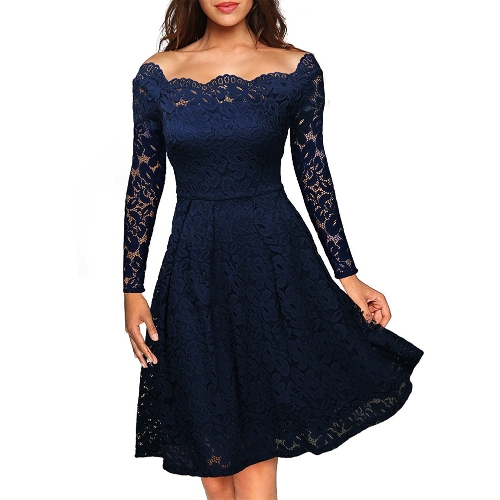 

Lace Flare Formal Party Long Sleeve Prom Dress