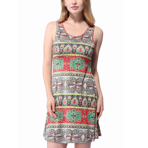 

Vintage Women Sleeveless Bohemian Geometric Print O-Neck Casual Dress