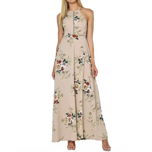 

Women Floral Print Halter Backless Dress Chiffon Sleeveless Split Maxi Dress