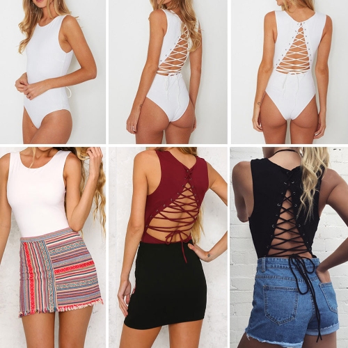 

Women Bodycon Cut Out Jumpsuit Lace Up Back O-Neck Sleeveless Tank Playsuit Rompers Black/White/Burgundy