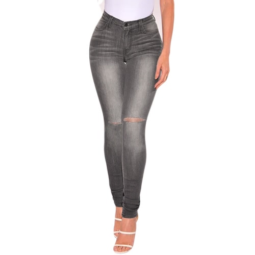 

Женщины рваные джинсы Denim Неблагополучные Разрушенные Hole Омывается тощие брюки карандаш брюки колготки Серый