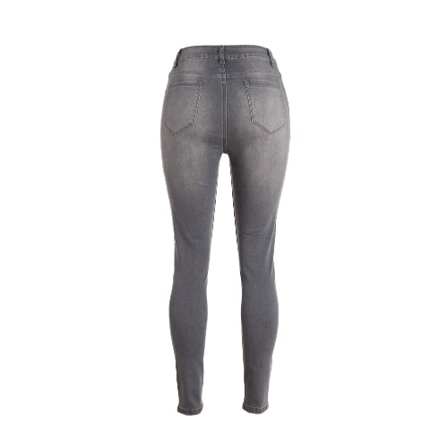 

Женщины рваные джинсы Denim Неблагополучные Разрушенные Hole Омывается тощие брюки карандаш брюки колготки Серый