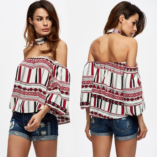 

New Sexy Women Off Shoulder Blouse Stripe Geometric Shirt Choker Backless Casual Loose Top Burgundy