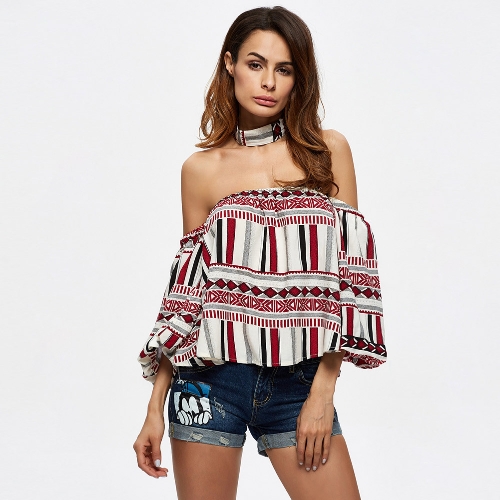

Сексуальная с плеча полоса Геометрические рубашки Choker Backless повседневная блузка