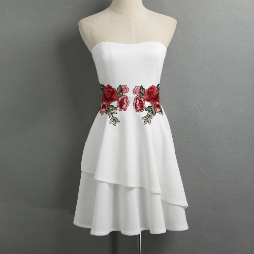 

New Fashion Women Strapless Mini Dress Rose Embroidery Appliqué Irregular Hem Party Night Club Bodycon Dress White