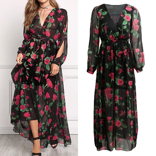 

Sexy Women Maxi Dress Sheer Chiffon Floral Cross V-Neck Cut Out Sleeve Elastic Waist Boho Long Dress Black
