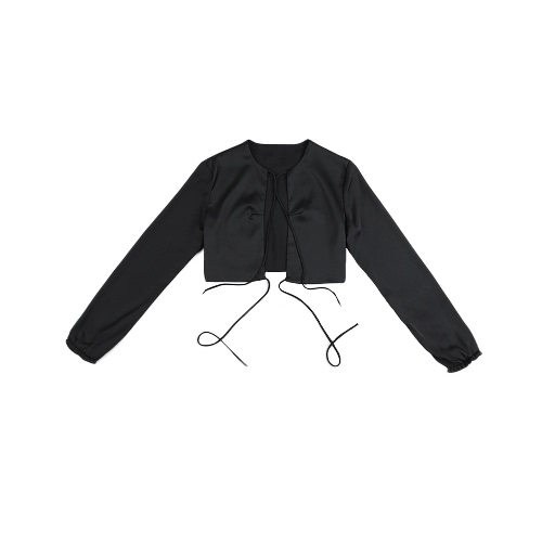 

New Sexy Women Blouse Crop Top Solid Color Lace Up O-Neck Long Sleeves Elegant Casual Shirt Black