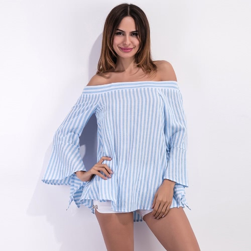 

Striped Off ShoulderFlare Sleeve Women's Long Loose Blouse