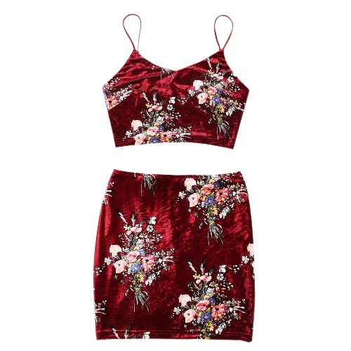 

Sexy Women Velvet Crop Top V Neck Sleeveless Two-Piece Set Bodycon Pencil Skirt Set Pink/Brown/Grey