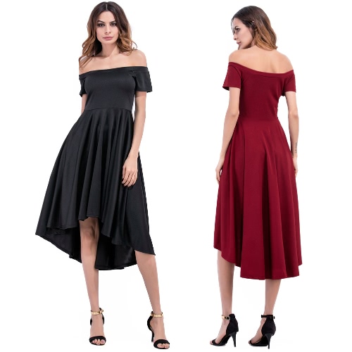 

Women Dress Solid Color Off Shoulder Slash Neck High Waist Asymmetric Elegant Evening Party Club One-Piece Burgundy/Black