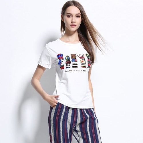 

Korean Fashion Women Summer T-shirt Round Neck Short Sleeve Printed Casual Top White