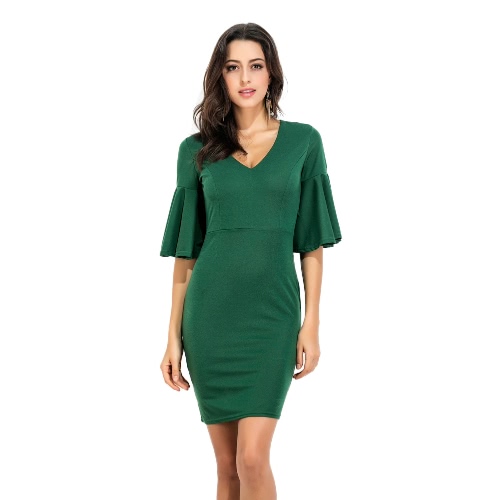 Women Flare Sleeve Dress V Neck Half Sleeve High Waist Mini Sheath Pencil Dress Green