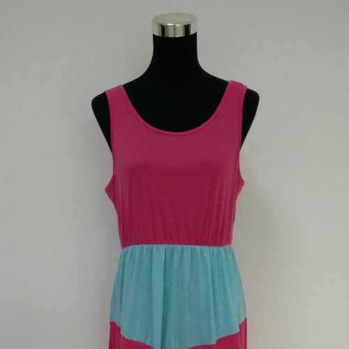 

New Family Women Striped Long Dress Sleeveless Color Block Bohemian Casual Beach Dress Sundress