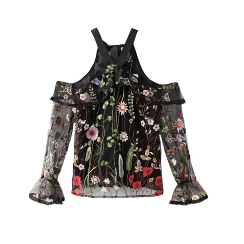 

Sexy Women Sheer Top Floral Embroidery Off Shoulder Tie Halter Flare Sleeve Transparent Blouse Top Black