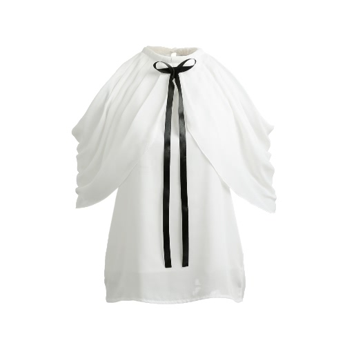 Women Chiffon Off the Shoulder Halter Top O-Neck Bow Ruched Casual Blouse Top Black/White