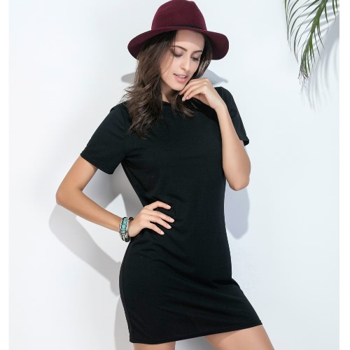 

Женщины Лето Футболка Платье Sundress вокруг шеи Твердые коротким рукавом Повседневная мини платье черный