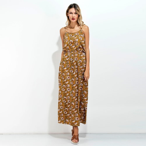 

New Women Long Slip Dress Floral Print Spaghetti Strap Backless Sleeveless Casual Beachwear Maxi Sundress Yellow