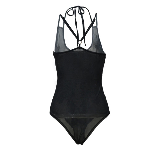 

New Women Sexy Bodysuit Halter Neck Semi-sheer Mesh Floral Embroidery Tights Bodycon Jumpsuit Playsuit Rompers Black