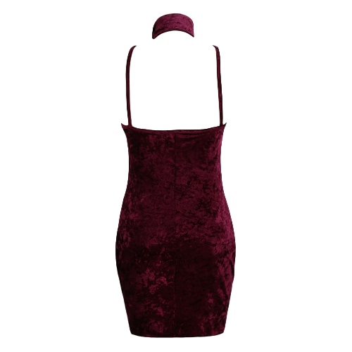 

Sexy Women Velvet Dress Strap Choker Plunge Neck Backless Bodycon Nightclub Party Mini Pencil Dress Pink/Burgundy