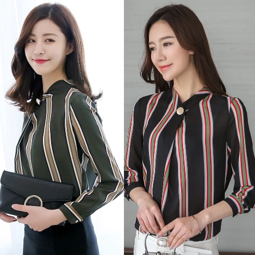 

Elegant Women Blouse Plus Size Stripe Print Button Stand Collar Long Sleeve Loose Office Lady Workwear
