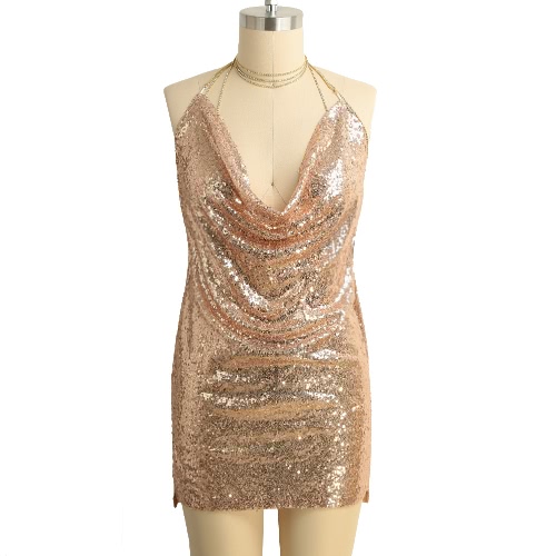

Новый сексуальный Женщины Sequined Мини платье Плунге V шеи Холтер Choker Backless рукавов Bodycon платье партии Clubwear