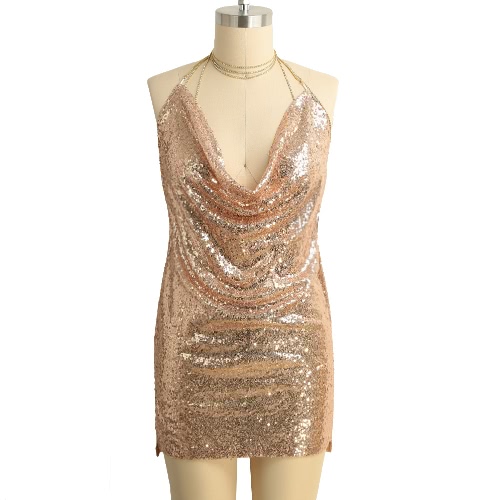 New Sexy Women Sequined Mini Dress Plunge V Neck Halter Choker Backless Sleeveless Bodycon Dress Party Clubwear