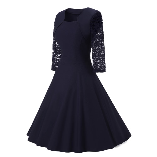 

Women Vintage Dress Lace Three Quarter Sleeve O-Neck A-Line Back Zipper Elegant Retro Party Dress