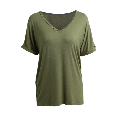 

Korean Fashion Women Summer Basic T-shirt V Neck Short Sleeve Solid Color Casual Loose Plus Size Top Tee